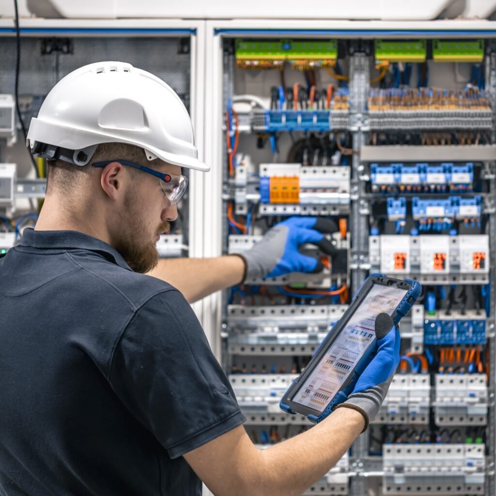 Electrical technician working in a switchboard with fuses, uses a tablet.